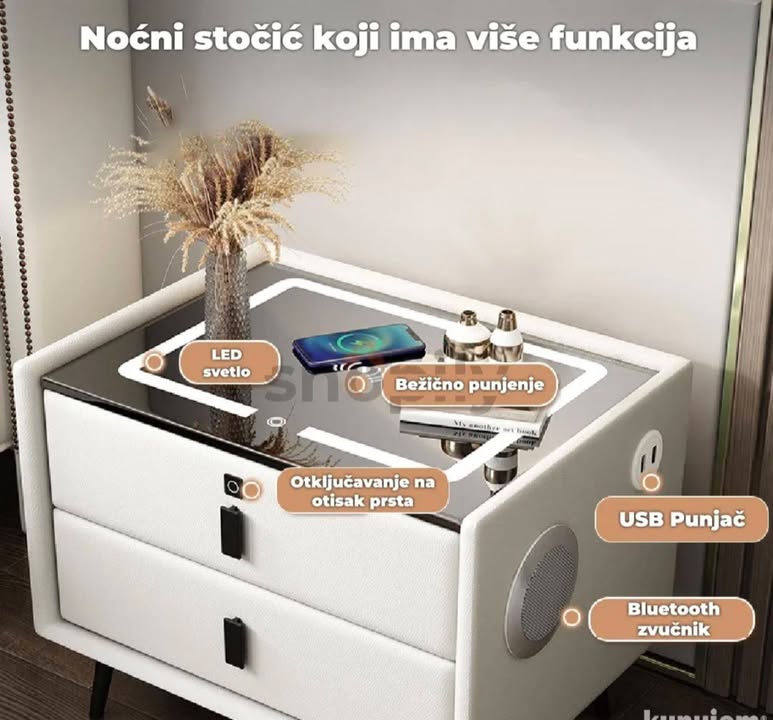 Pametni noćni ormarić sa bežičnim punjenjem i LED osvetljenjem